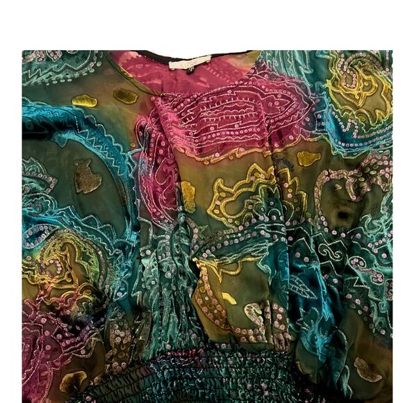 Cache Luxe Top Womens Size S Boho Cape Sleeve Multicolor Sheer LIned Sequin - Picture 8 of 10
